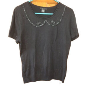 Saja Black Beaded Neckline Silk Short Sleeve Baby Tshirt Top Blouse LG
